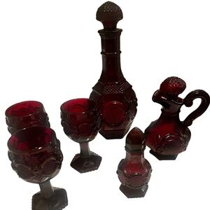 Vintage Ruby Red Pressed Glass Decanter & Goblet Set – 6 Pieces